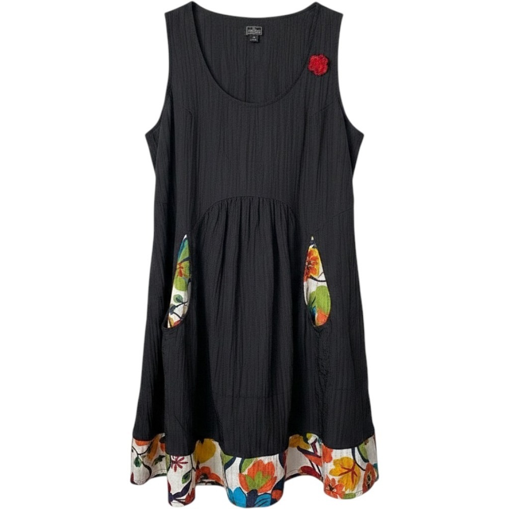 Tarava Sleeveless Dress‎ Womens Large Black Floral Art To Wear Lagenlook Crinkle